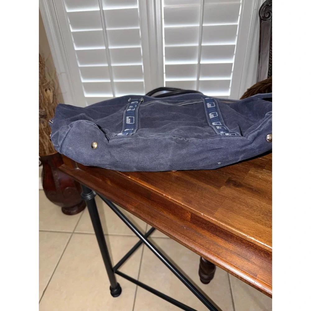 Goldman Sachs Navy Blue Canvas Duffel Bag Leather Trim Travel Weekend Gym Bag